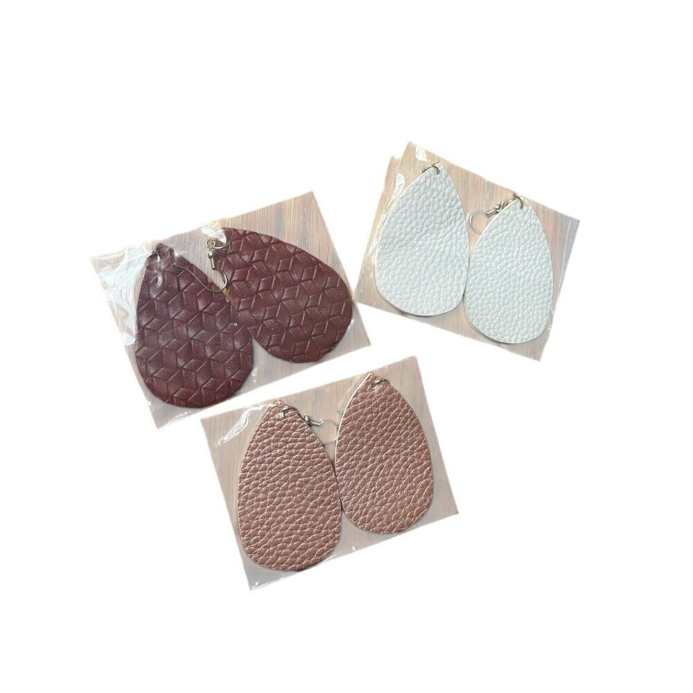 Faux‎ Leather Teardrop Shape Earrings Lot Of 3 Pair Ivory Champagne Burgundy NEW
